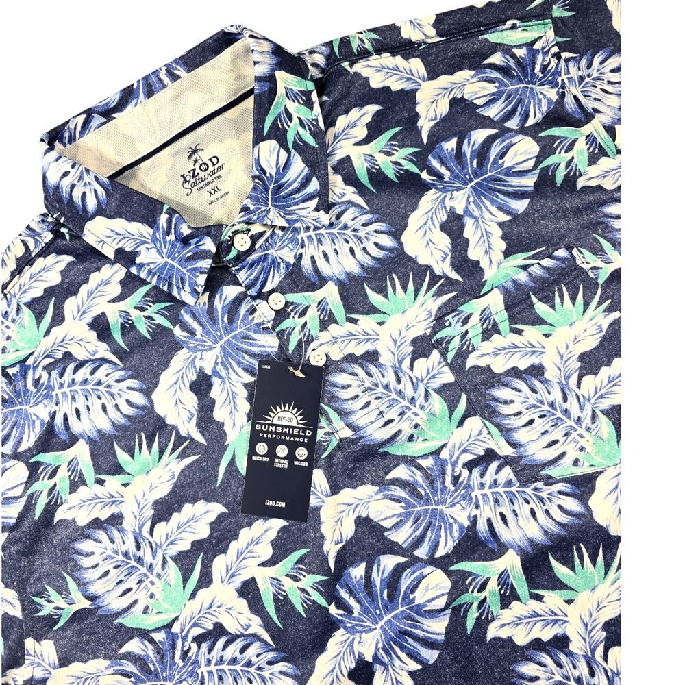 IZOD Performance Golf Polo Shirt XXL Sunshield Blue Palm Stretch Hawaiian Top